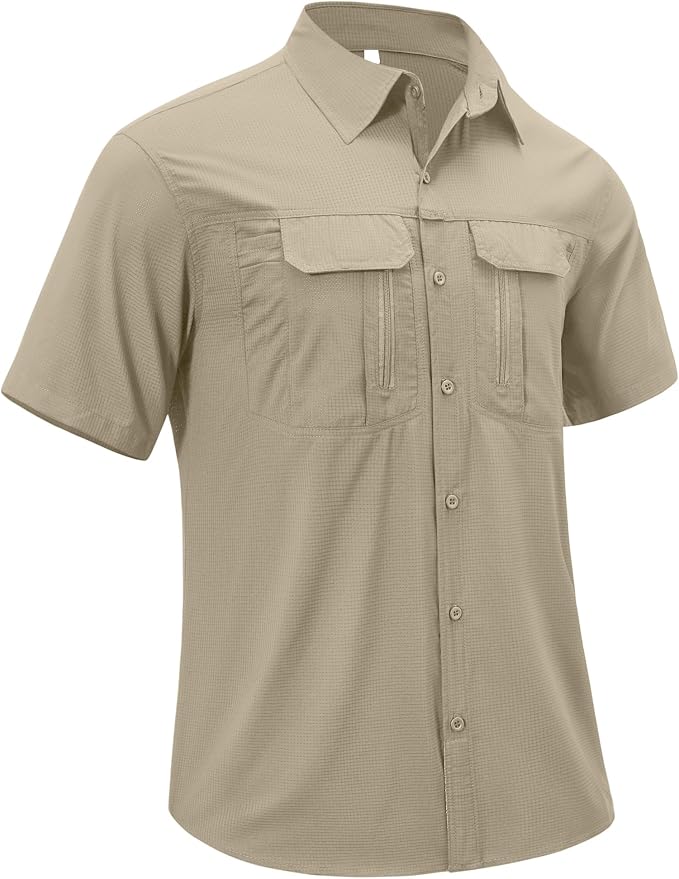 Mens Short Sleeve Fishing Shirt Sun Protection Quick Dry Lightweight | Breathable Fabric, Multi Pockets, for Fishing Safari Hiking Hunting Camping Outdoor Work Casual Wear