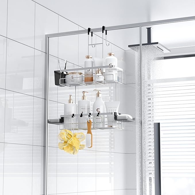 Aitatty Over the Door Hanging Shower Caddy: No Drill Rustproof Shower Rack | Includes Hooks & Soap Holders for Shampoo, Conditioner and Bathroom Essentials, Anti-Slip Design for Any Shower Room