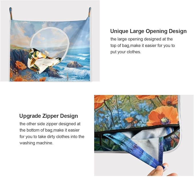 Hanging Laundry Hamper with Stainless Steel Hooks,Oxford Fabric Printing Door Laundry Clothes Bag, 29.5X20inch 1PCS Poppy Flower and Blue Ocean