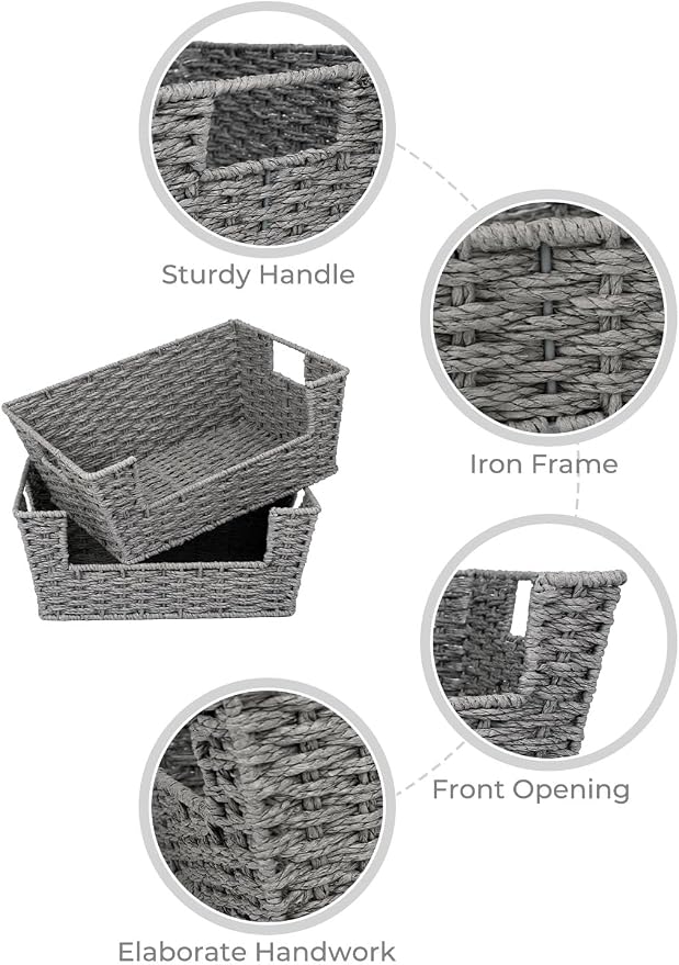 StorageWorks Pantry Baskets for Organizing, Woven Baskets, Round Paper Rope | Pantry Baskets for Patato and Onion Storage, Stackable Wicker Basket Organizer for Shelf, Woven Basket for Storage, 2-Pack
