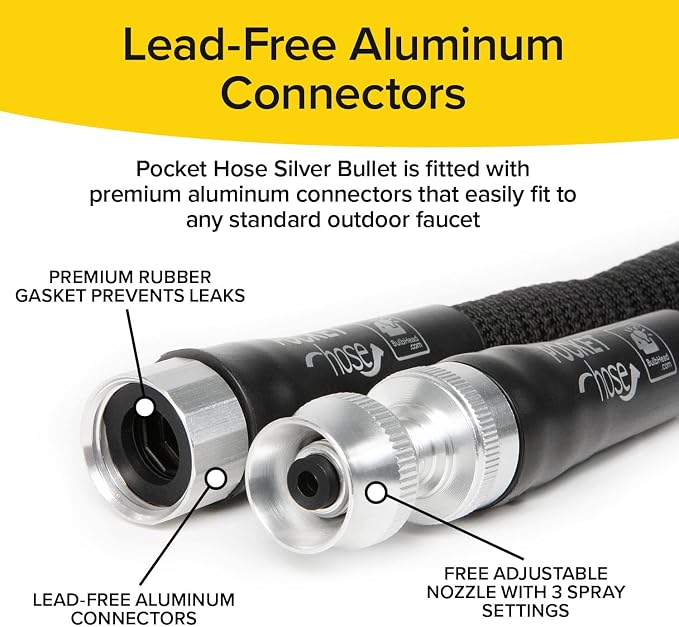 Pocket Hose Silver Bullet 50 ft Turbo Shot Nozzle Multiple Spray Patterns Expandable Garden Hose 3/4 in Solid Aluminum Fittings Lead-Free Lightweight and No-Kink,Black