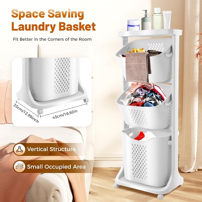 3 Tiers Rolling Laundry Hamper Cart, Laundry Baskets with Wheels, Clothes Washing Storage Basket for Kitchens, Bathrooms, Bedrooms, Laundry Rooms