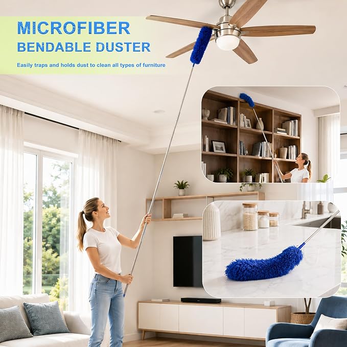 Cobweb Duster with Extension Pole, Spider Web Brush, 100" Microfiber Feather Duster, Washable Cleaning Kit for Ceiling Fan, Furniture, Home, Blue