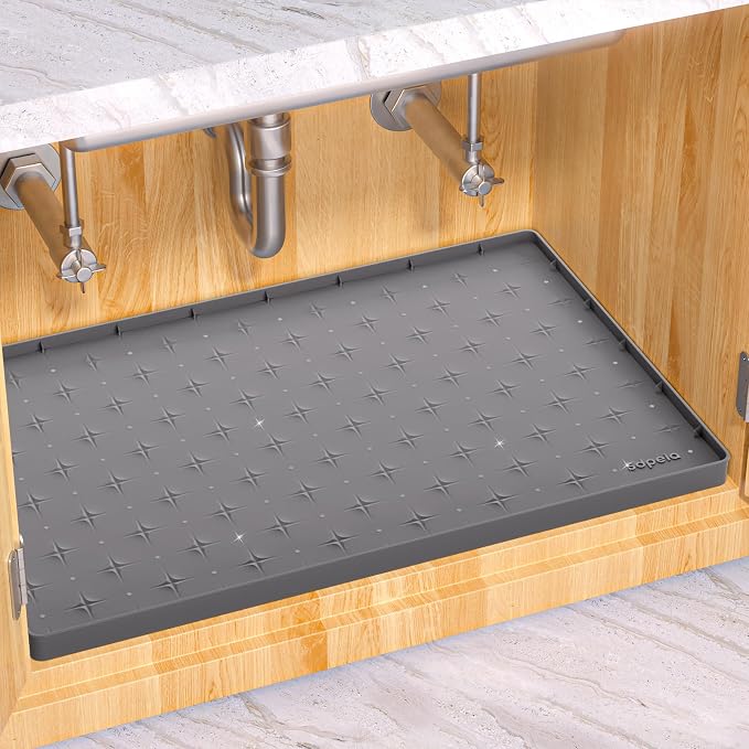 Sdpeia Under Sink Mat 31 in x22 in, Undersink Mats for Bottom of Kitchen Sink Easy to Clean Cabinet Protector with Drain Hole (Grey) Gray