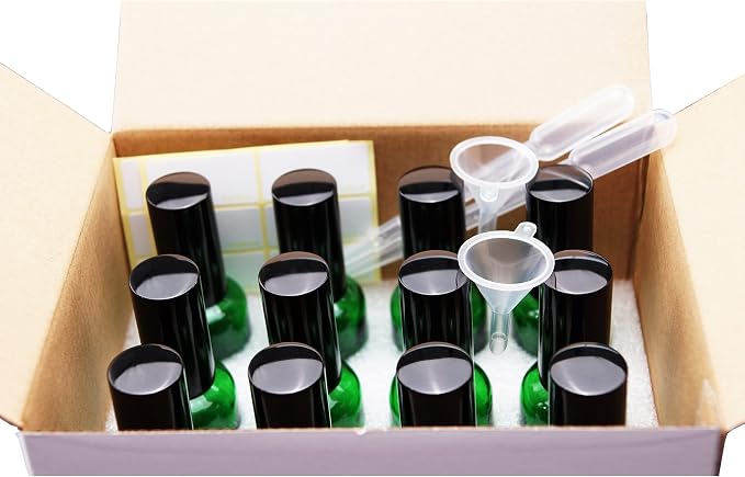 YIZHAO Black Glass Spray Bottles 2oz, with Small Fine Mist Spray, Metal Cap, Refillable for Essential Oil,Travel,Cleaning,Perfume,Aromatherapy,Makeup – 12 Pcs