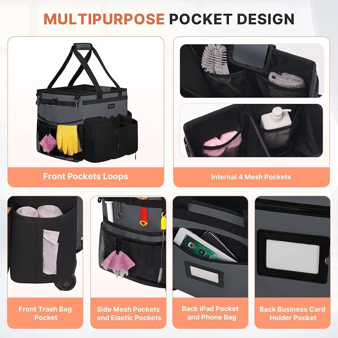 JKAOO Large Rolling Cleaning Caddy Bag with Detachable Trolley, Gray | Waterproof Cleaning Caddy with Wheels, 40L Wheeled Organizer Cart for Supplies, Housekeepers, Home, Office, Car, Picnic