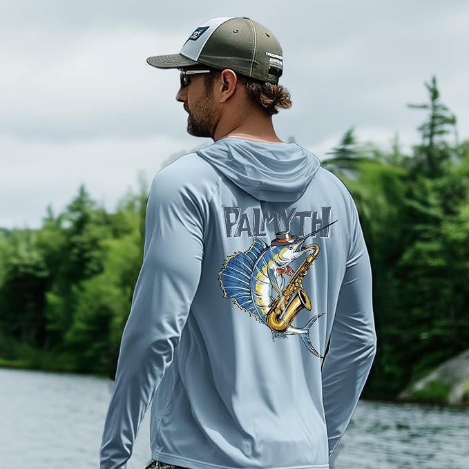 Palmyth Men's Fishing Hoodie UPF 50+ Long Sleeve with Face Mask Neck Gaiter | Zipper Pocket, Thumb Loops, Quick-Dry, Side Mesh Panels, Lens Cleaning Cloth