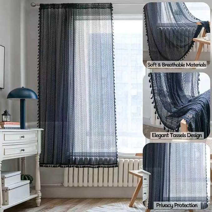 Sutuo Home Black Crochet Boho Curtain 63 Inches Length, Sheer Lace Handmade Tassels Knitted Window Treatment Vintage Rustic Bohemian Farmhouse Drape for Bedroom Rod Pocket 1 Panel 59" W x 63" L