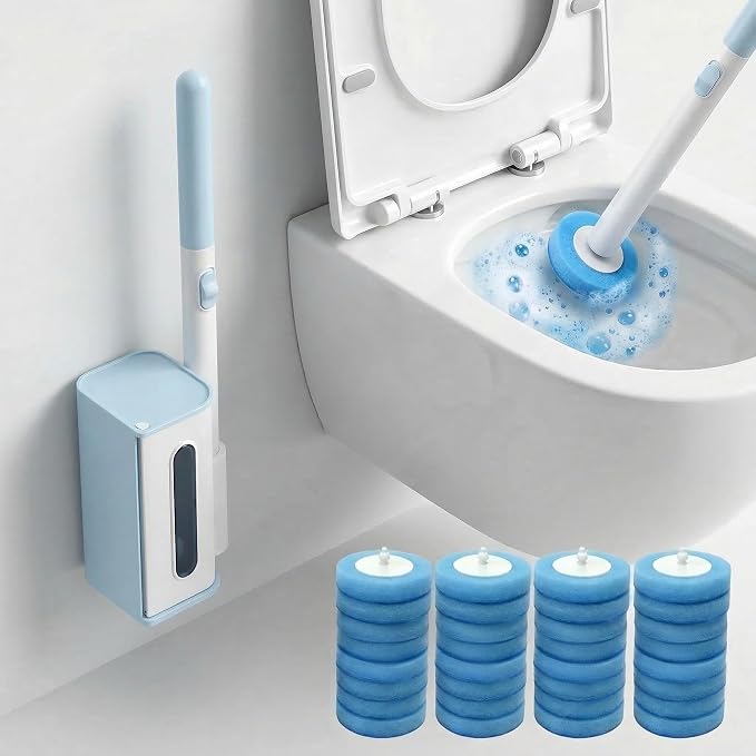 RV Toilet Brush, Disposable Toilet Bowl Cleaner Wand, 32 Cleaner Refills | Wall-Mounted, Compact Design, RV Accessories, Hands Free Toilet Brush, for RV Travel Trailers and Campers and Small Bathroom