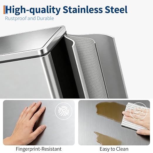 5gal Stainless Steel Double Trash Can with Lid for Kitchen, Large Dual Trash and Recycle Bin Combo, Step-on Kitchen Metal Garbage Cans, PP Inner Buckets, Liner Rim, Sliver