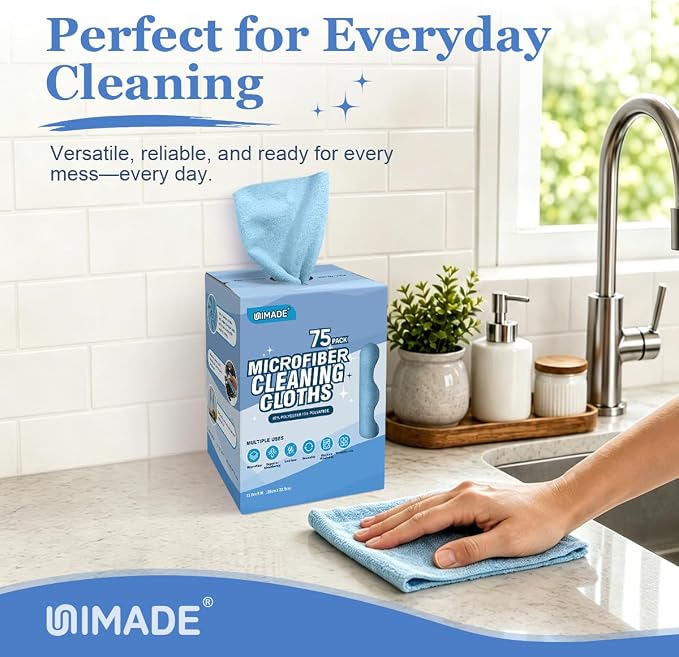 Microfiber Cleaning Cloth, 75 Sheets Microfiber Towels for Cars | Commercial Grade Washcloths Lint-Free Bulk Shop Towel Cleaning Rags for Household Restaurant Garage, 11"x 9", Blue