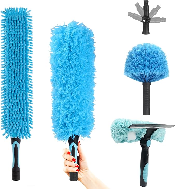 Ceiling Fan Duster Kit 5-in-1 – Screw-On Cobweb Duster, Squeegee & Microfiber Heads – Washable Bendable – Fits Standard 3/4" Threaded Extension Pole – House Cleaning Kit, Blue