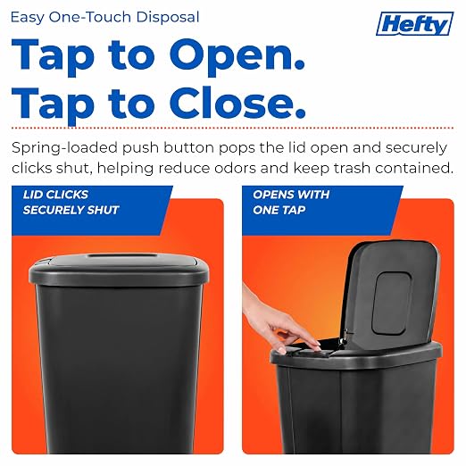 Hefty 13.3 Gallon Trash Can with Lid, Plastic Garbage Can Touch Button, Kitchen Waste Basket for Home Office, Large Capacity Trash Bin, 4 Pack, Black