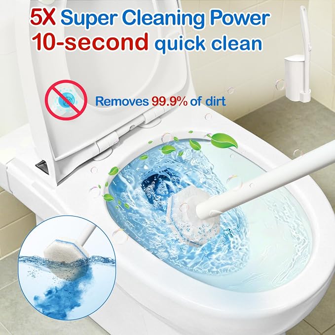 Disposable Toilet Brush and Holder Set, 40 Pre-Filled Refills | 5X Powerful No-Shed Pads, 360° Deep Toilet Bowl Clean, Toilet Bowl Cleaner with Storage Caddy & Adhesive Hooks