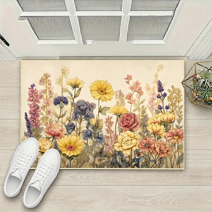 Vintage Floral Faux Cashmere Area Rug 15.7 x 23.6 Inch, Non-Slip Mat (Light Yellow)