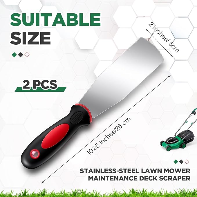 Threlaco 2 Pcs Lawn Mower Deck Scrapers Heavy Duty, 10.25'' x 2'' | Stainless Steel, Lawn Mower Maintenance Accessories Tool, Rubber Non-slip Grip, Remove Dead Grass Putty Paint Adhesive