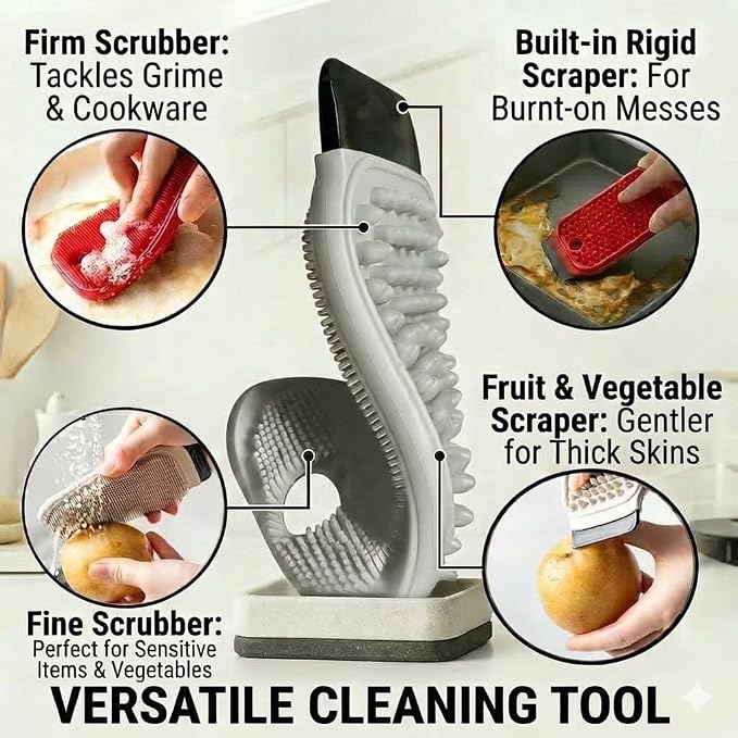 3-in-1 Silicone Dish Scrubber with Scraper&Vegetable,Fruit Brush-Grey 1PCS | silicone dish scrubber and vegetable&fruit brush with built-in scraper. Food-grade, fast-drying, and scratch-free