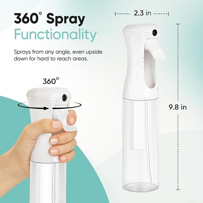 Aquableu Spray Bottle for Hair – Continuous Mist Spray Bottle for Hair Care, Styling, Cleaning, Plants, Pets & Essential Oils (White, 10oz)