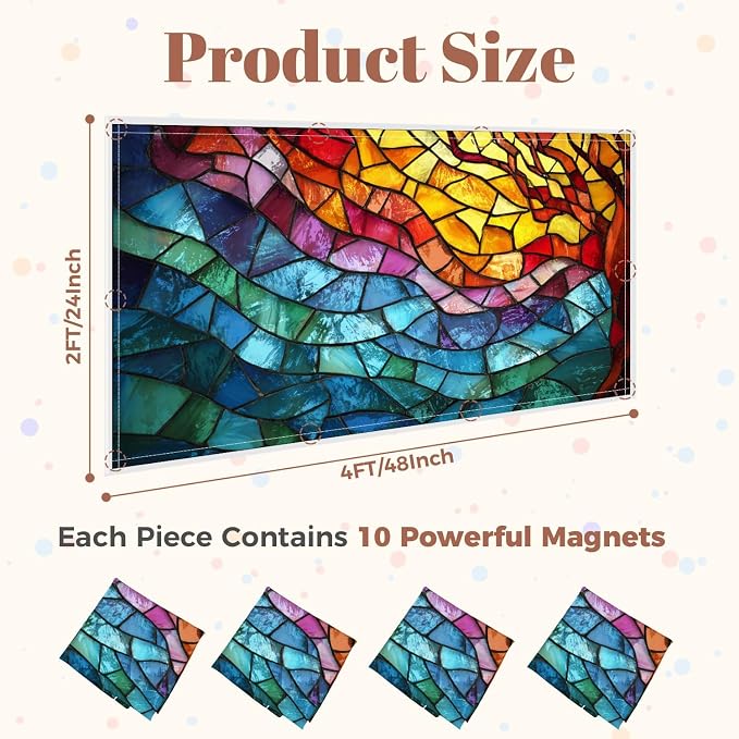 4 Pack Fluorescent Light Covers for Ceiling Lights ocean waves Colorful stained glass window Abstract stained glass Art Decorative Magnetic Light Cover Light Filters for Classroom Office Home