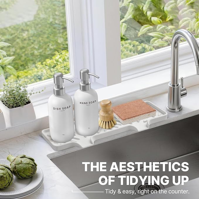 Kitchen Soap Dispenser Set with Self Draining Silicone Tray, Silver | Kitchen Sink Organizer for Sink, 2 x 17oz Glass Soap Dispensers with Stainless Steel Pumps, Bamboo Brush & Sisal Sponge