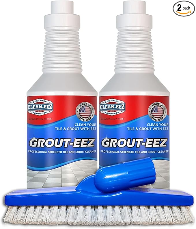 Clean-eez Grout Cleaner 2 Pack with Stand-Up Brush Attachment - Stain Remover Heavy-Duty Scrubber - Bathroom Shower Ceramic Porcelain Tile & Grout Only - Easy Control Flip Top Cap - 32 oz.