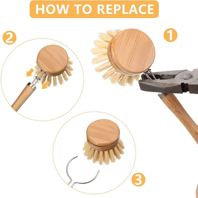 Patelai 8 Pieces Dish Brush with Wood Handle, Natural Dish Scrubber Brush Set Includes 7 Replacement Bristle Heads & 1 Bamboo Handle for Dishes, Pans, Pot, Fruit and Veggie