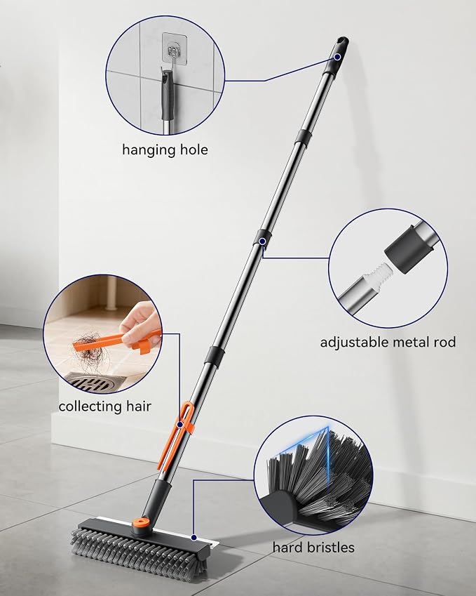 3 in 1 Adjustable Small Floor Scrub Brush with Long Handle | 360 rotating head Right-angle Heavy-Duty Stiff Bristle with Squeegee and Tweezer for Cleaning Bathroom Tile Patio and Kitchen