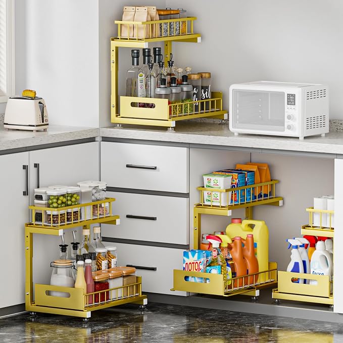 Saydear 2-Pack L-Shaped Under Sink Organizer, 2-Tier Pull-out Cabinet Rack | Gold Height-Adjustable Metal Rack, Sliding Grid Drawers with Safety Stopper, Holds 100 Lbs, Ideal Kitchen Cabinet Storage