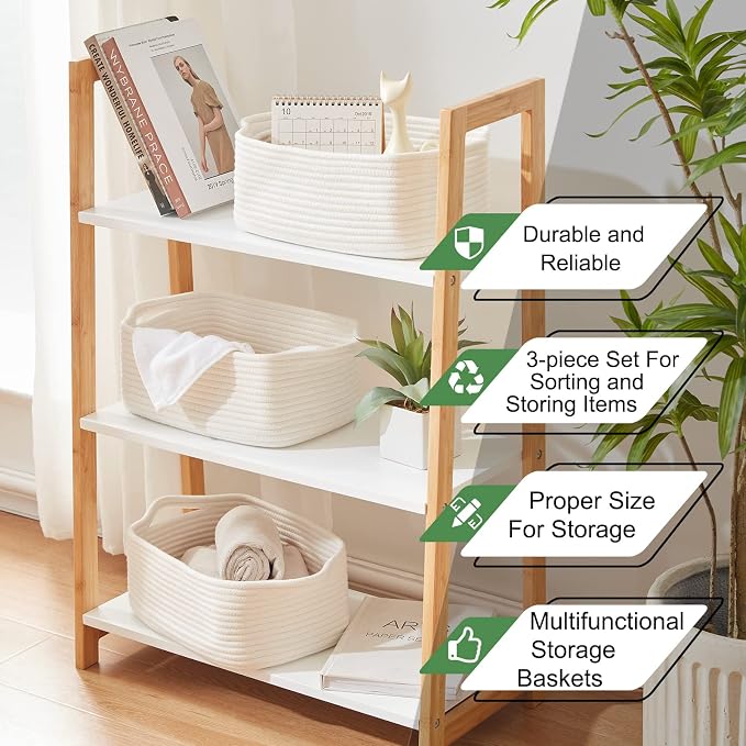 OIAHOMY 3 Pack Storage Baskets for Shelves Cotton Rope Storage Bins White | Woven Baskets for Storage Nursery Storage Basket with Handles Baskets for Organizing Small Baskets Gift Baskets Empty
