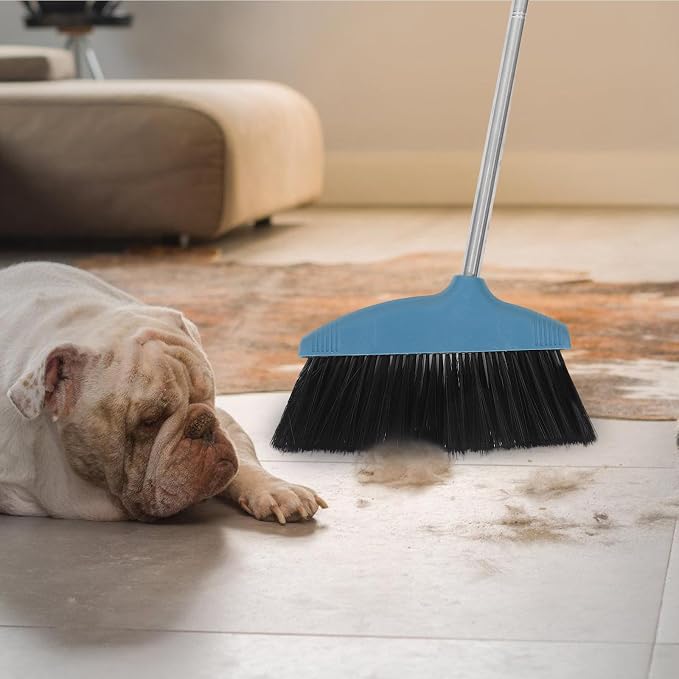 Amosfun Soft Bristle Broom with Long Metal Handle, Hair-Resistant Floor Sweeping Brush for Household Cleaning, Blue Lightweight Indoor and Outdoor Broom for Pet Hair and Dust Removal