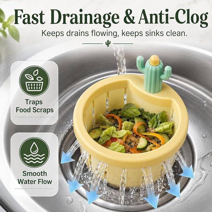 Cactus Kitchen Sink Drain Strainer, Cactus Sink Strainer Basket Fine Mesh, 2026 Upgrade Press Automatic Dumping Basket, Multi-Functional Anti-Clogging Kitchen Drainer with Lifting Handle（Green）
