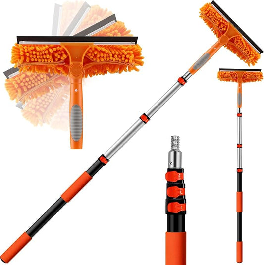 20ft High Reach Window Squeegee with 12ft Heavy-Duty Extension Pole | 2-in-1 Telescopic Window Washer & Squeegee, Washable Streak-Free Window Cleaning Kit for Indoor/Outdoor High Rise Windows