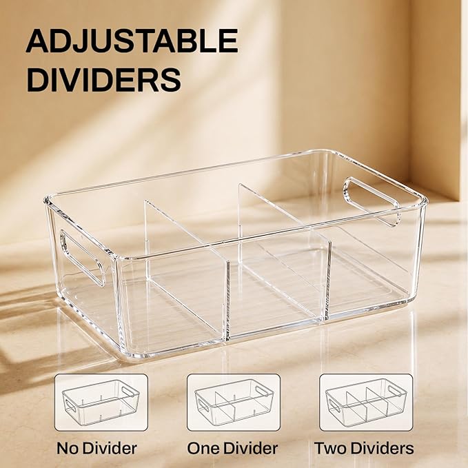 Mpotmiy 4-Pack Pantry Organizers and Storage, Clear Fridge Organizer Bins | Clear stackable plastic bins with removable dividers for packets, snacks, pouches and spices in pantry, fridge or freezer.