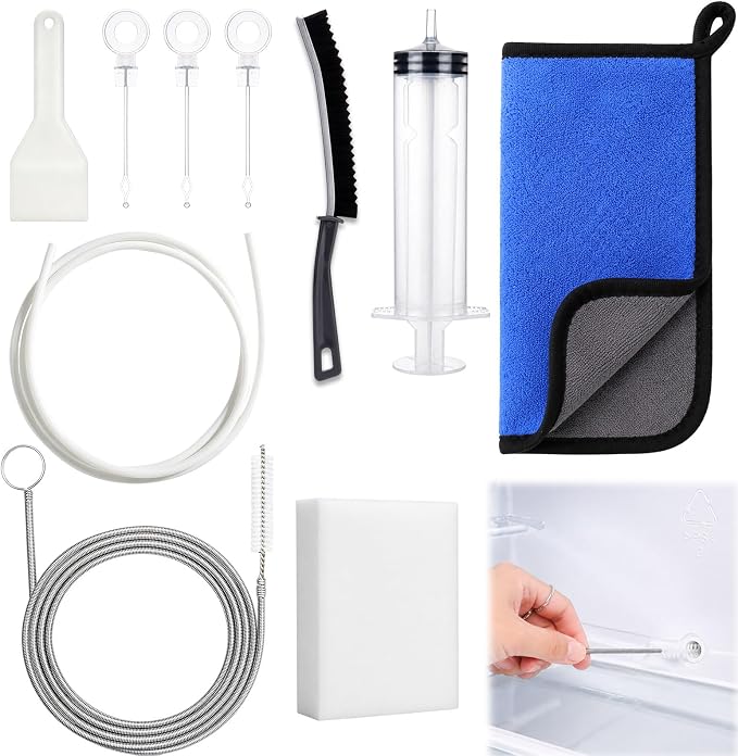 XANGNIER Refrigerator Water Line Cleaning Brush Kit,10 Pcs | Refrigerator Drain Cleaner Tool–53.8Inch Flexible Drain Brush,Syringe,Unclog Fridge&Ice Maker for Ice Dispenser,Sink