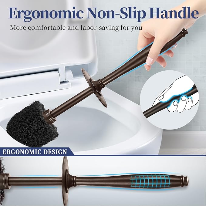 HAMITOR Toilet Bowl Brush Holder Set: 2 Pack Modern Deep Cleaning Bathroom Toilet Scrubber with Caddy for rv - Rim Decorative Accessories Cleaner Brushes for Toilet - Bronze1