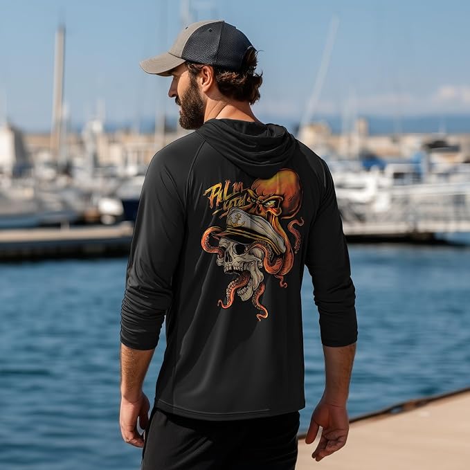Palmyth Men's Fishing Hoodie UPF 50+ Long Sleeve with Face Mask Neck Gaiter | Zipper Pocket, Thumb Loops, Quick-Dry, Side Mesh Panels, Lens Cleaning Cloth