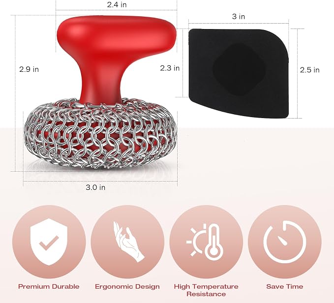 Cast Iron Scrubber Dish Scrub Brush 316 Chainmail Scrubber for Cast Iron | Dish Scouring Pad, Dishwasher Safe, Chain Mail Scrubber Cast Iron, Cleaning Kit, for Pan Skillet, Red