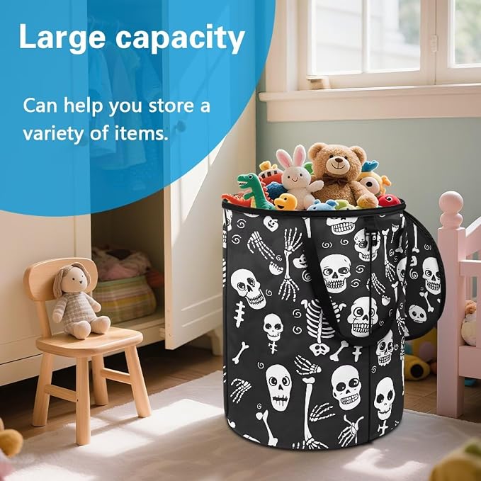 Collapsible Trash Can with Lid and Handles 24 Gallon Large Capacity Foldable Garbage Can for Camping Outdoor Reusable Waster Bag Black Skull Print