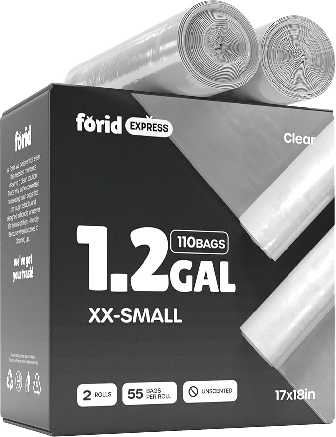 FORID Small Clear Trash Bags, 1.2 Gallon Tiny Garbage Bags, 110 Count Wastebasket Bin Liners for Bathroom Bedroom Office Garbage Can 5 Liters - Thick & Durable Trash Bag