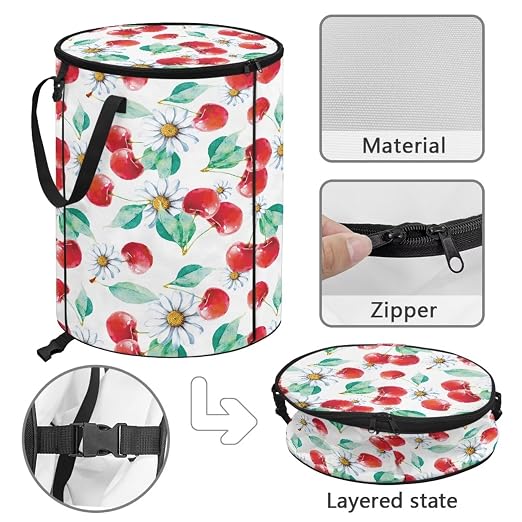 BIGCARJOB Daisy Cherry Foldable Trash Can Outside Waste Basket Bin Water Resistant Garbage Bag Recycling Bin Trash Can with Lid and Clip(23 Gallons), 22.83x17.71 in