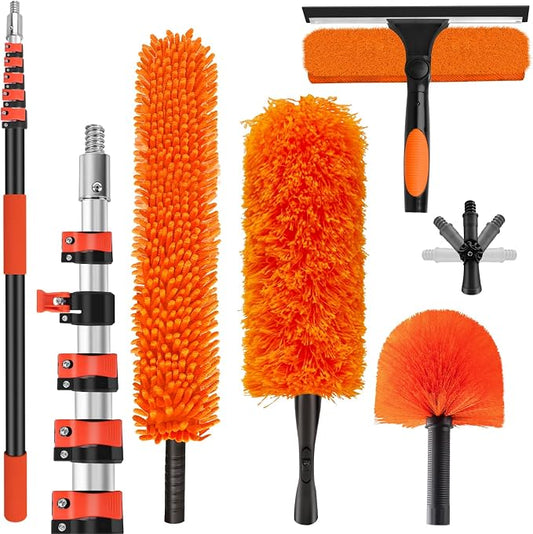 30FT High Reach Duster Cleaning Kit with 5-24 FT Extension Pole | High Ceiling Dust Window Clean Kit with Microfiber Feather Duster,Cobweb Duster,Ceiling Fan Duster,Window Squeegee Cleaner