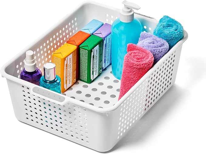 madesmart Classic Large Storage Basket with Soft Handle, White | non slip feet, rounded corners, side handles, easy carry, soft grip bottom, general storage, woman owned