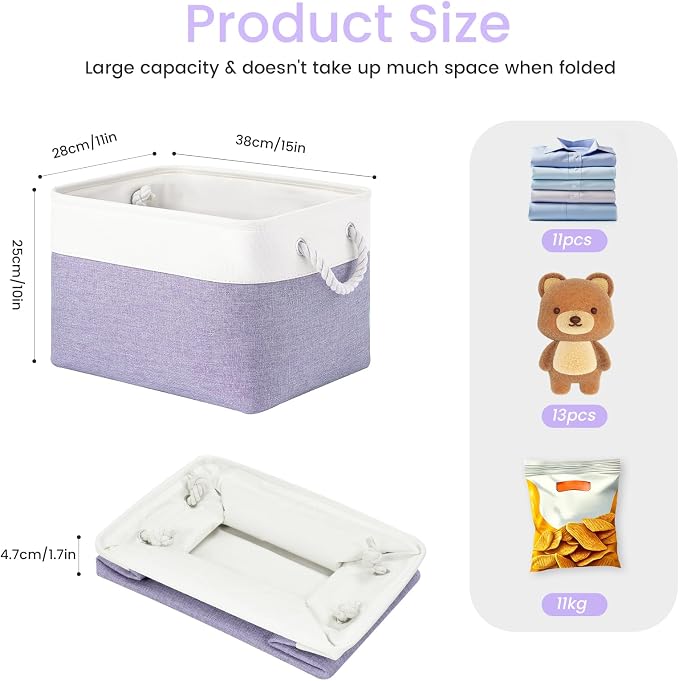 15x11x10 In Foldable Fabric Large Storage Bins with Handle 1 Pack | Organizer Baskets, Sturdy Metal Strand, Cardboard Support Molding, Storage Baskets for Shelves, Closet, Bedroom, White/Purple