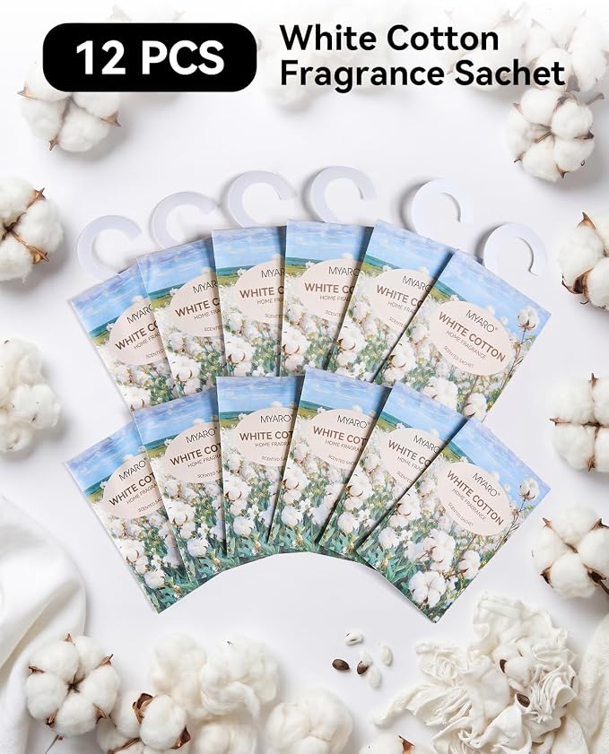 MYARO 12Pcs White Cotton Sachets Hanging Car Freshener, Closet Deodorizer | Long-Lasting Sachet Bags, Odor Eliminator for Closet, Drawer, Bathroom, Clothes, Fabric Refresher, Home Fragrance Gift Set