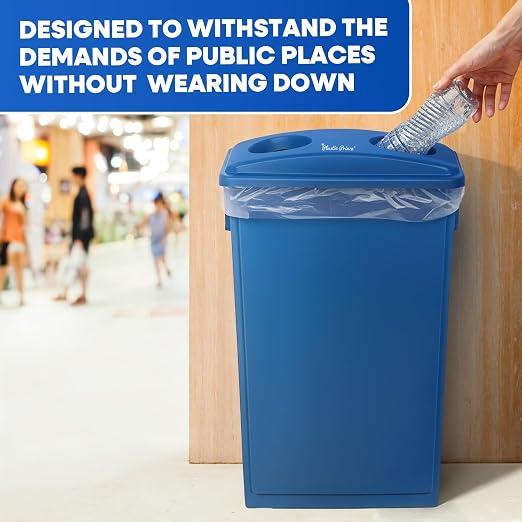 PLASTIC PRINCE 23 Gallon Slim Trash Can with Recycling Lid for Bottles and Cans, Blue Commercial Rectangular Garbage Can, Waste Bin for Home Kitchen Office Cabinet 3 Pack