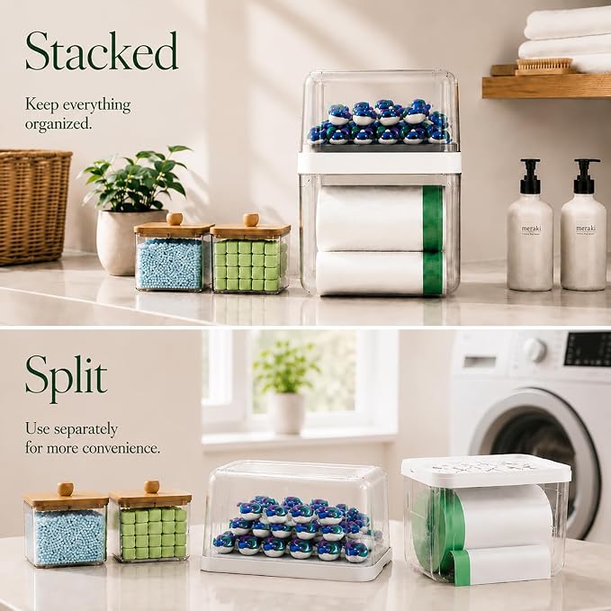 Trash Bag Holder & Dishwasher Pod Dispenser with 2 Bamboo Lid Storage Containers, Clear Acrylic Under Sink Organizer for Garbage Bags, Laundry Detergent Pods & Tabs, Kitchen Pantry Laundry Room
