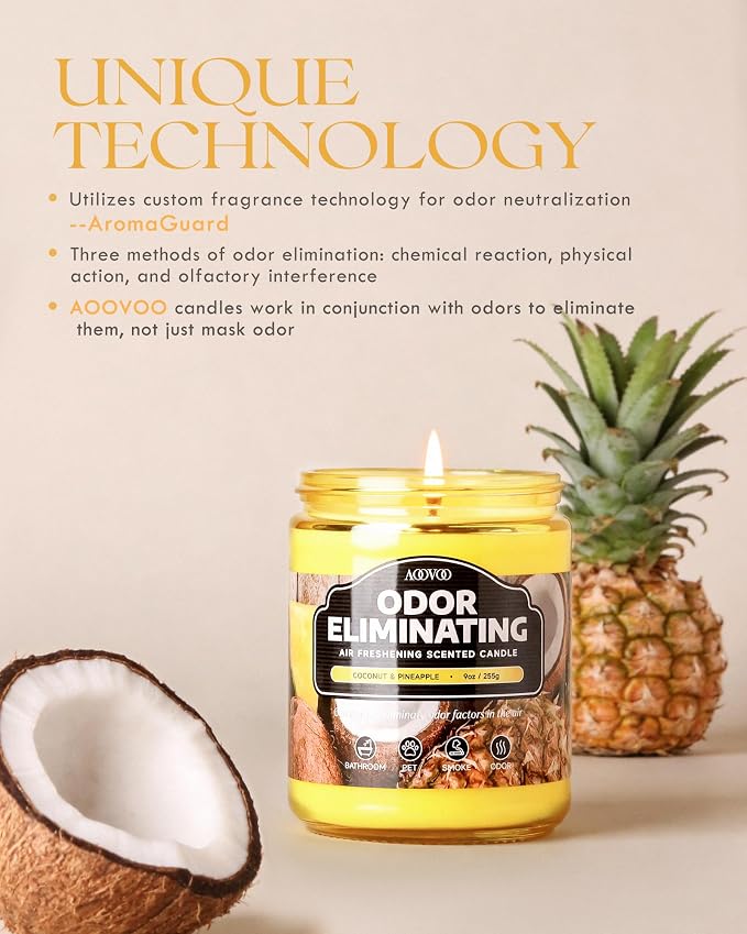 AOOVOO Coconut Pineapple Odor Eliminating Candle - 9 oz Soy Candles | Eliminates 95% of Pet, Smoke, Food, and Other Smells Quickly, Non Toxic Air Freshing Candle, Up to 50 Hours Burn time