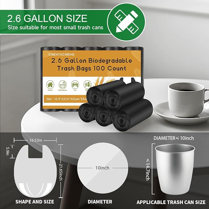 2.6 Gallon Small Black Bathroom Trash-Bags - Compostable Mini Garbage Bags With Handle 100 Count Biodegradable Little Waste Basket Kitchen Office Car Unscented Tiny Liners Strong Thick Chenyucheng