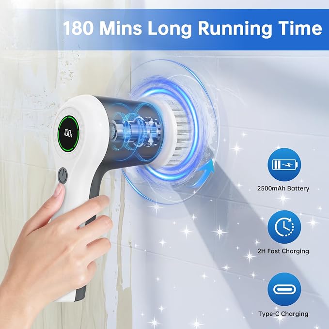 PUFTEM Electric Spin Scrubber, Cordless Shower Scrubber, Gray | Battery Level Display, Dual Speed, 6 Replaceable Brush Heads, IPX7 Waterproof, Long Runtime, Tub, Tile & Sink Cleaning