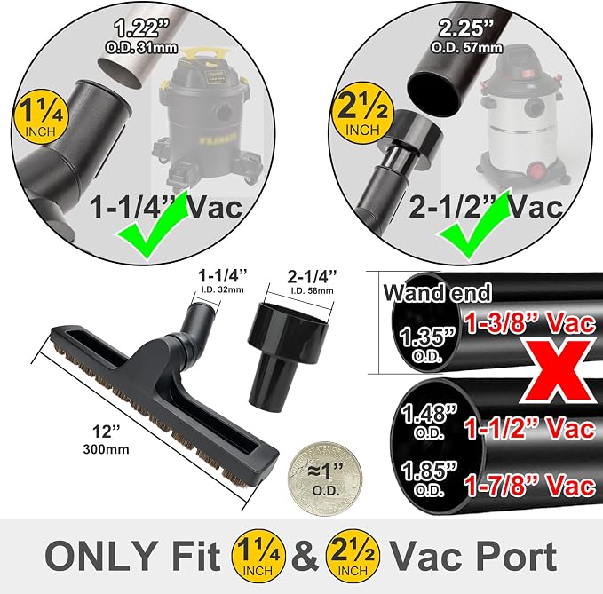Hardwood Brush Vacuum Attachment for 1 1/4" 2 1/2" Shopvac Wet Dry Vacs, Horsehair Bristles Parquet Nozzle, 12" Shop Vac Floorhead Accessory (1.25" Hard Floor Head & 2.5" Vac Hose Adapter)